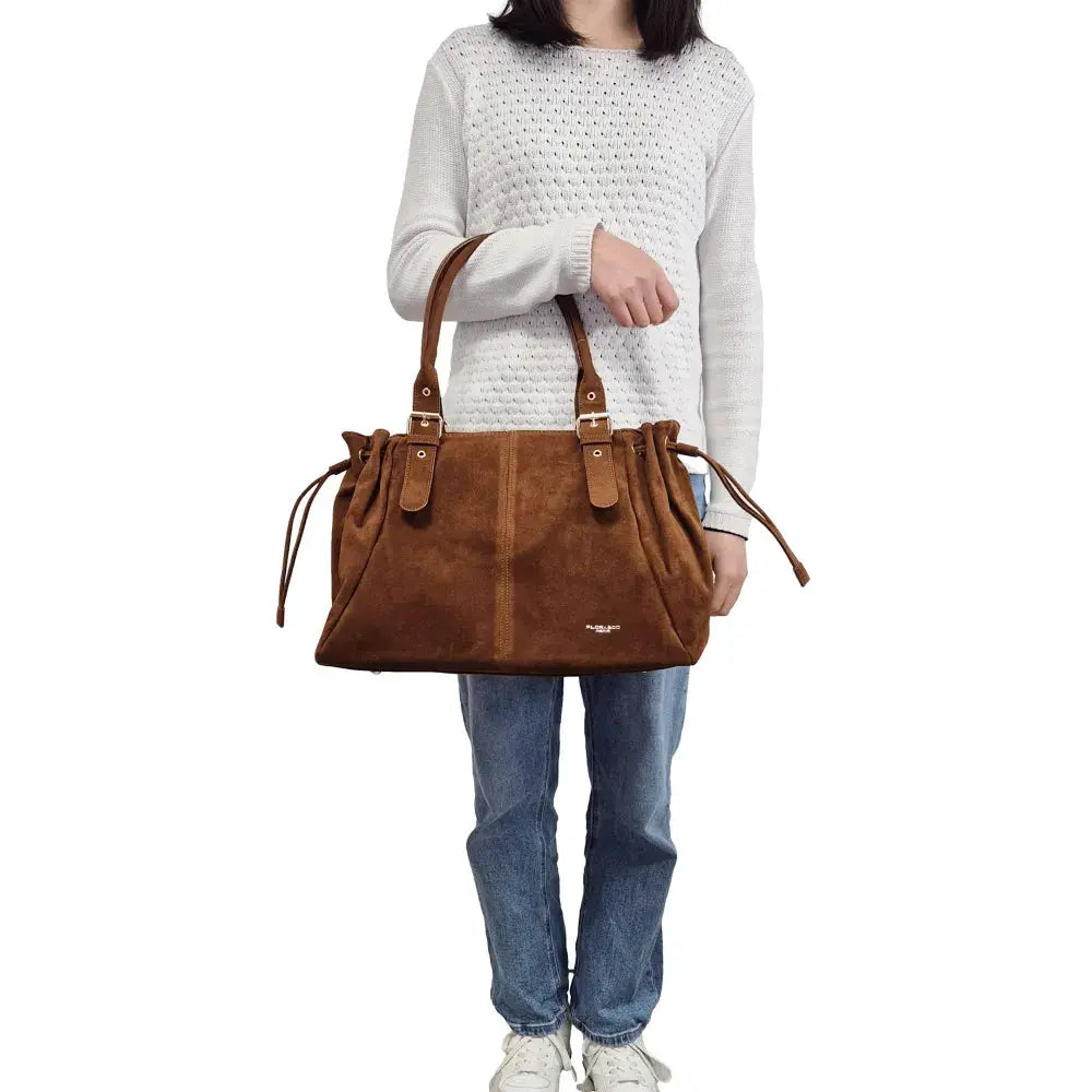 Sac Cabas Bowling Lacet Suédé Camel