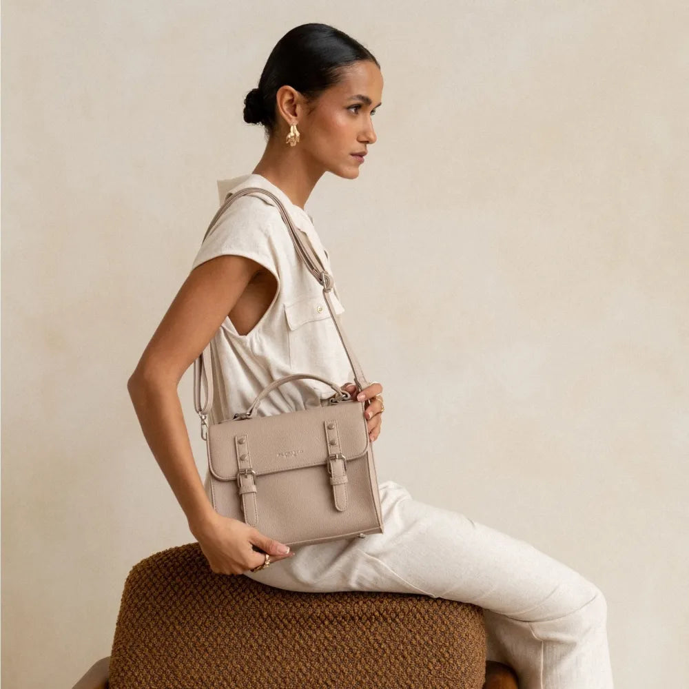 Sac cartable bandoulière femme broderie beige - Crocochic