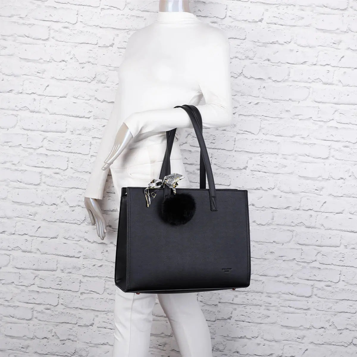 Gallantry Sac cabas femme pompon fourrure a4 noir
