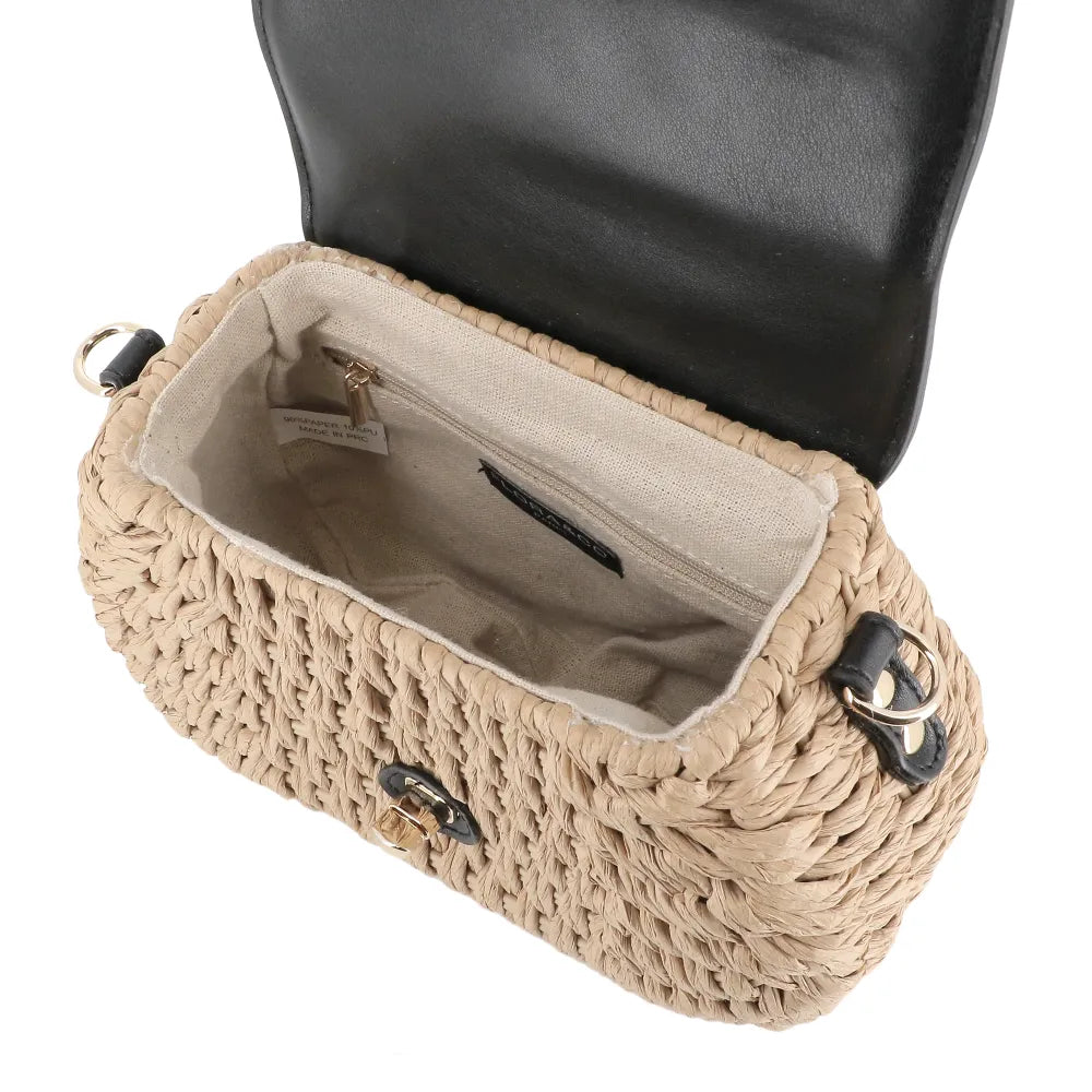 Sac bandoulière en paille à rabat Noir Flora & co