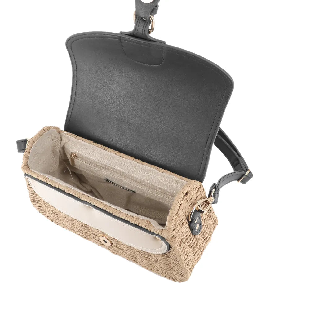 Sac banoulière paille à rabat Noir Flora & co
