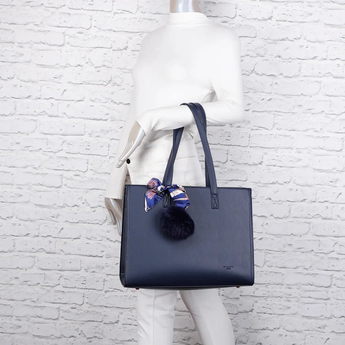 Gallantry Sac cabas femme pompon fourrure a4 bleu