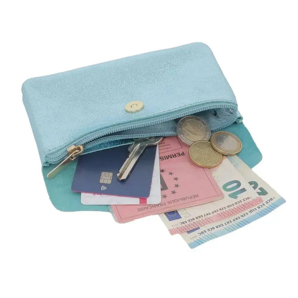 Vue 3 du Porte-monnaie cartes femme cuir irisé 051 Turquoise par Made in Italy.