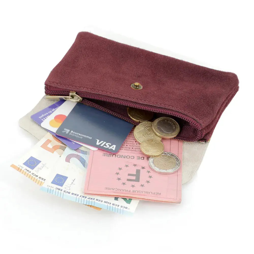 Porte-monnaie cartes femme irisé suède bordeaux
