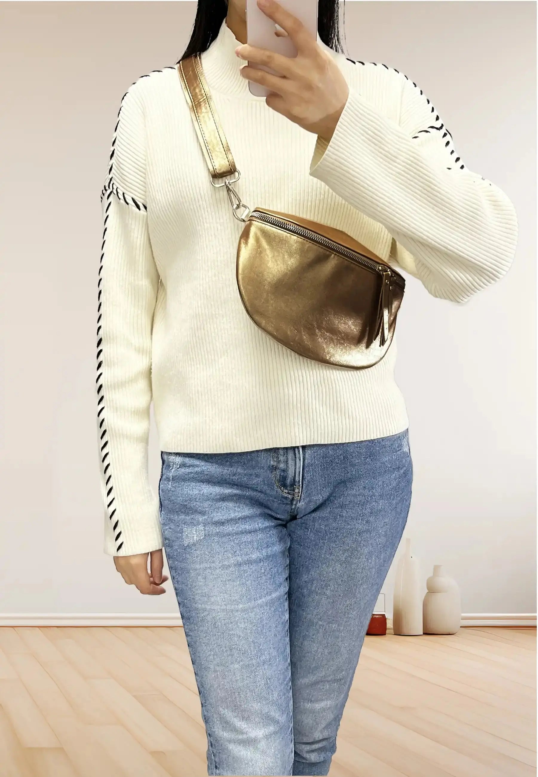 Flora & co Sac banane bandoulière femme irisé marron métal