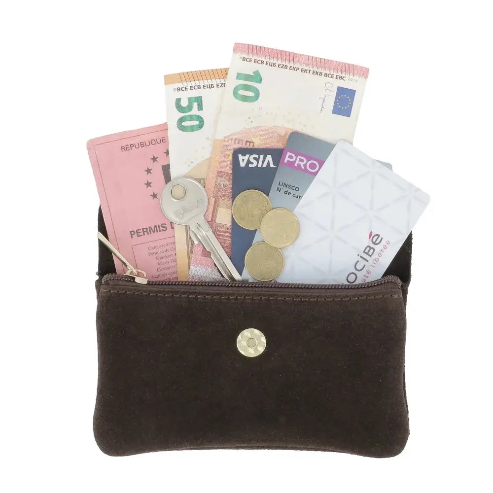 Porte-monnaie portefeuille mi-long suède Chocolat