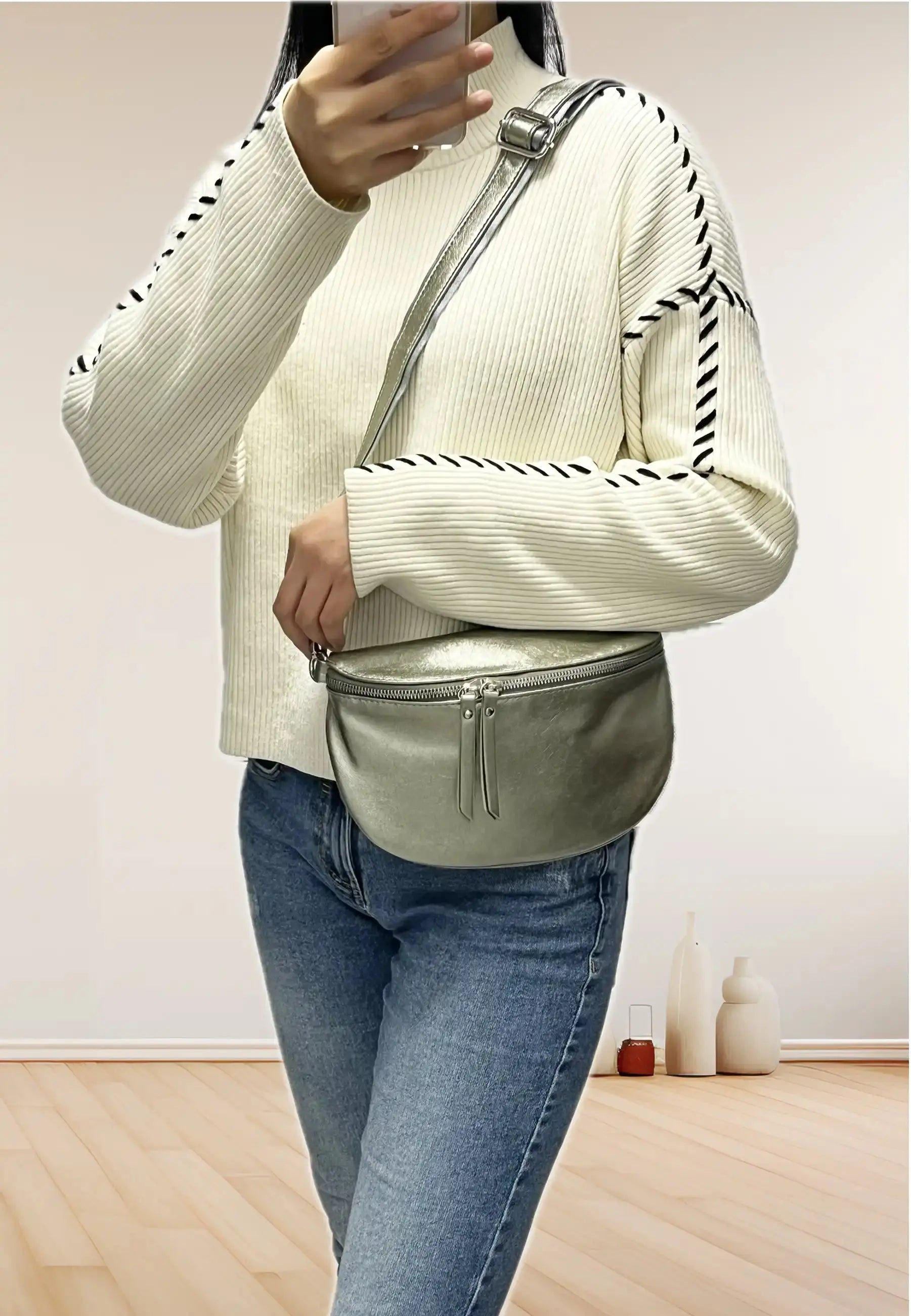 Flora & co Sac banane bandoulière femme irisé taupe métal