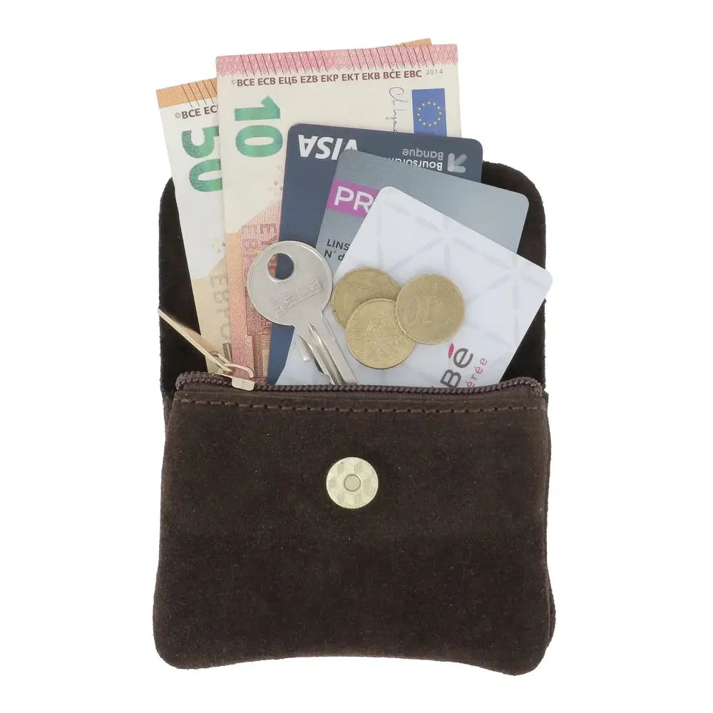 Petit porte-monnaie cartes cuir suède Chocolat