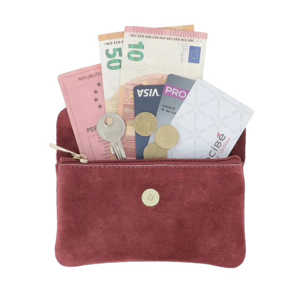 Porte-monnaie portefeuille mi-long suède Bordeaux