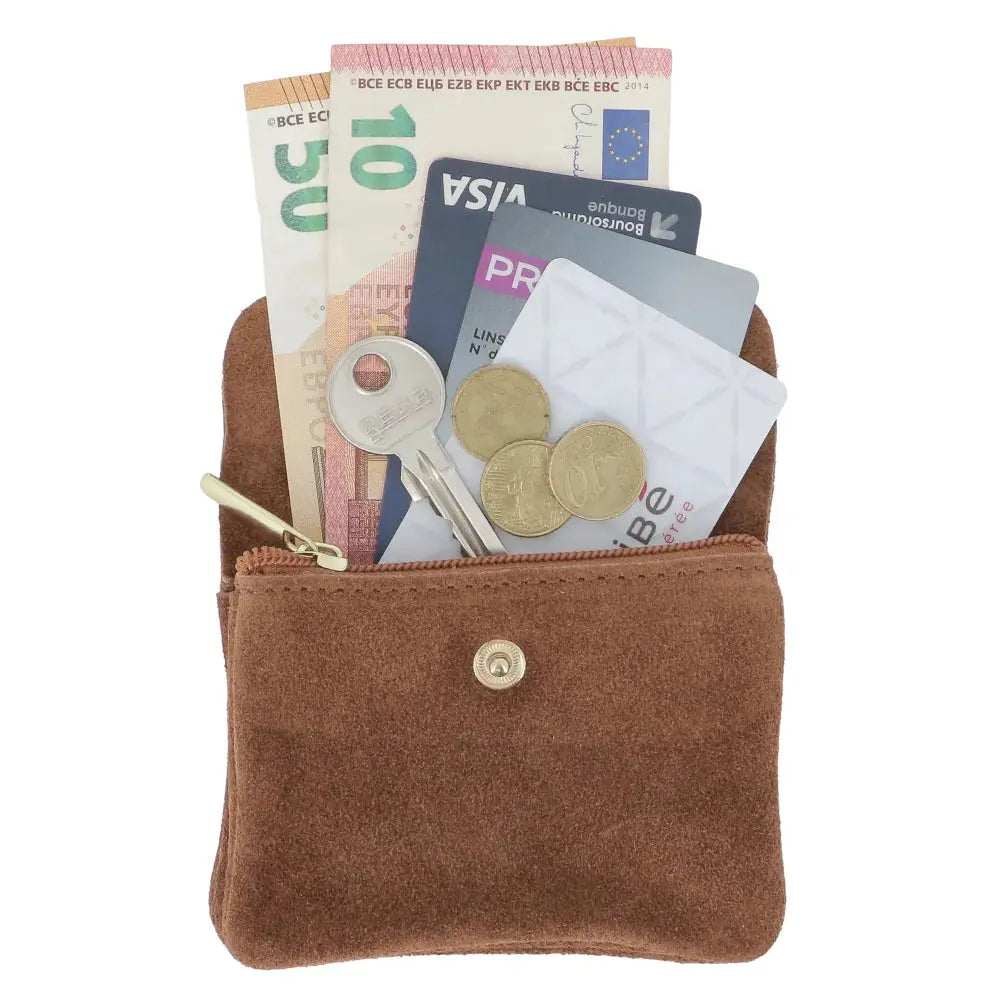 Petit porte-monnaie cartes cuir suède Marron
