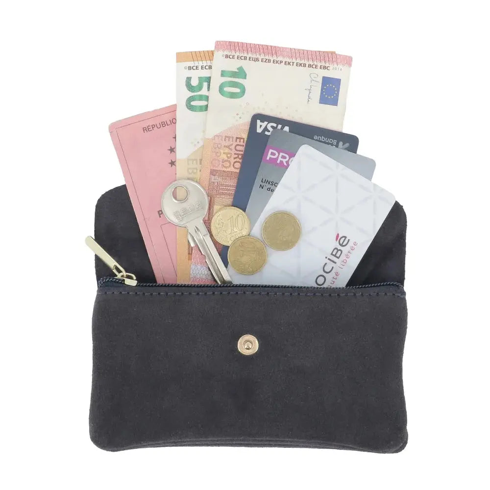 Porte-monnaie portefeuille mi-long suède Bleu Marine