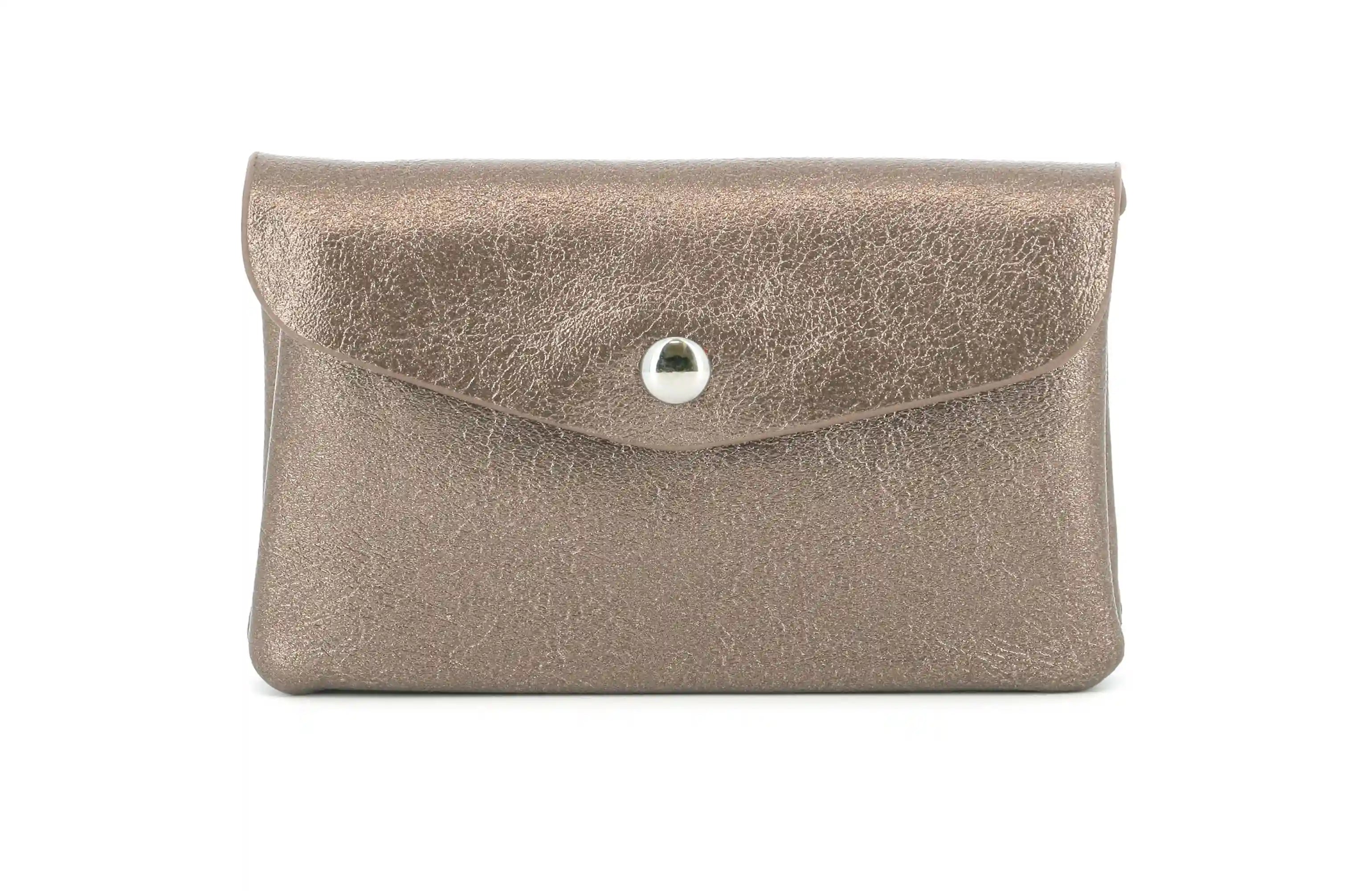 Iridescent women's purse with brown metal envelope