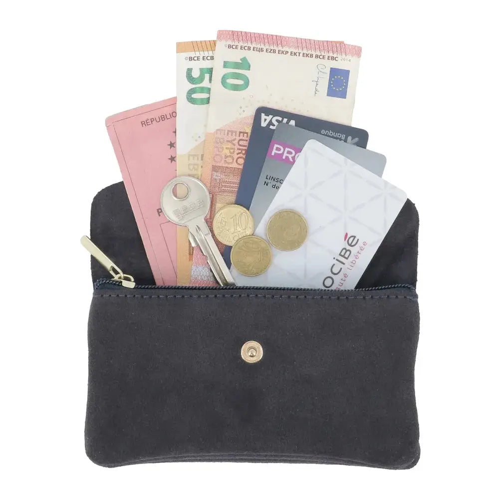 Grand portefeuille cuir suède compatible passeport Bleu Marine