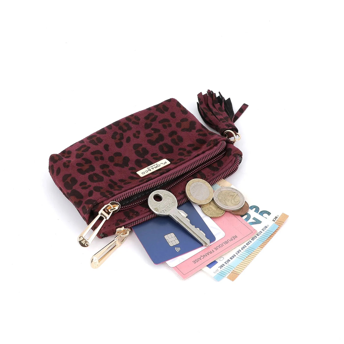 Petit Porte-monnaie Similicuir Léopard Velouté Femme Bordeaux - Crocochic