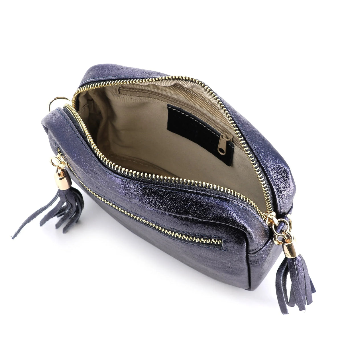 Sac bandoulière femme cuir irisé bleu marine élégant et tendance.