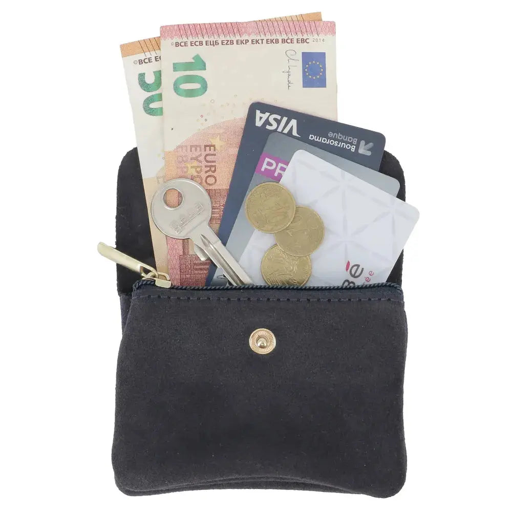 Petit porte-monnaie cartes cuir suède Bleu Marine
