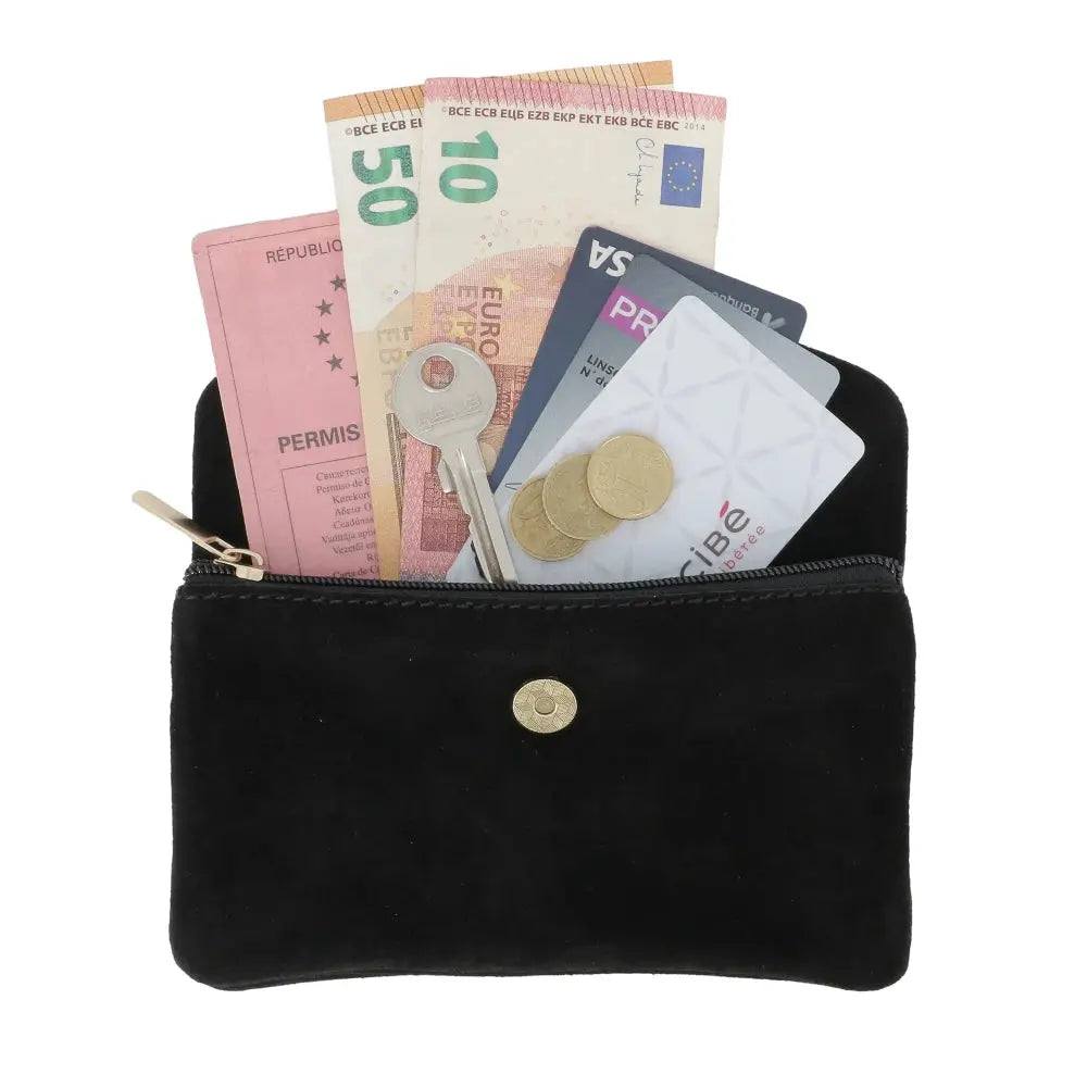 Porte-monnaie portefeuille mi-long suède Noir - Crocochic