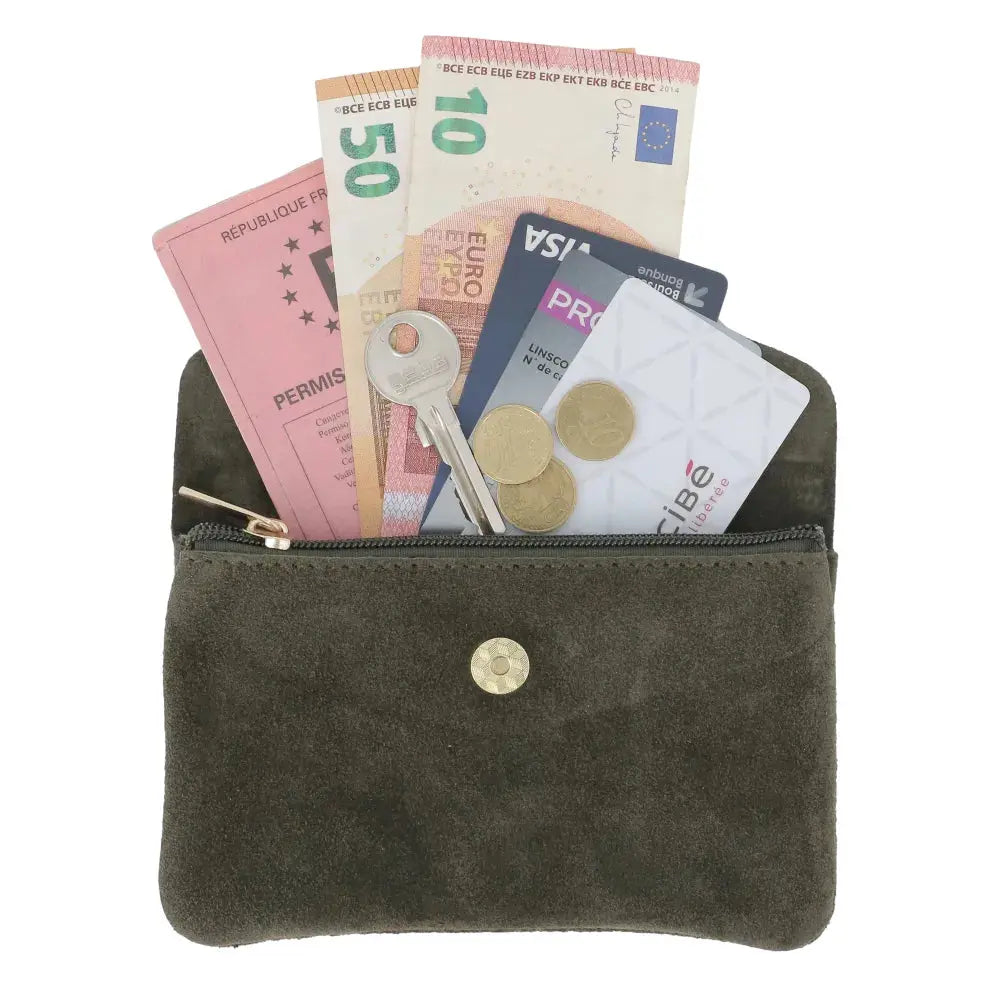 Grand portefeuille cuir suède compatible passeport Kaki