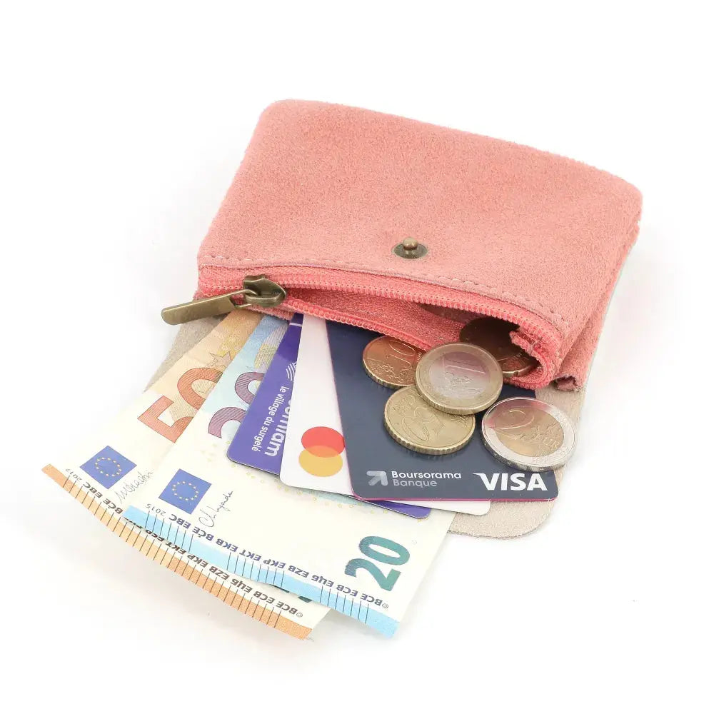 Porte-monnaie cartes cuir suédé irisé 043 corail