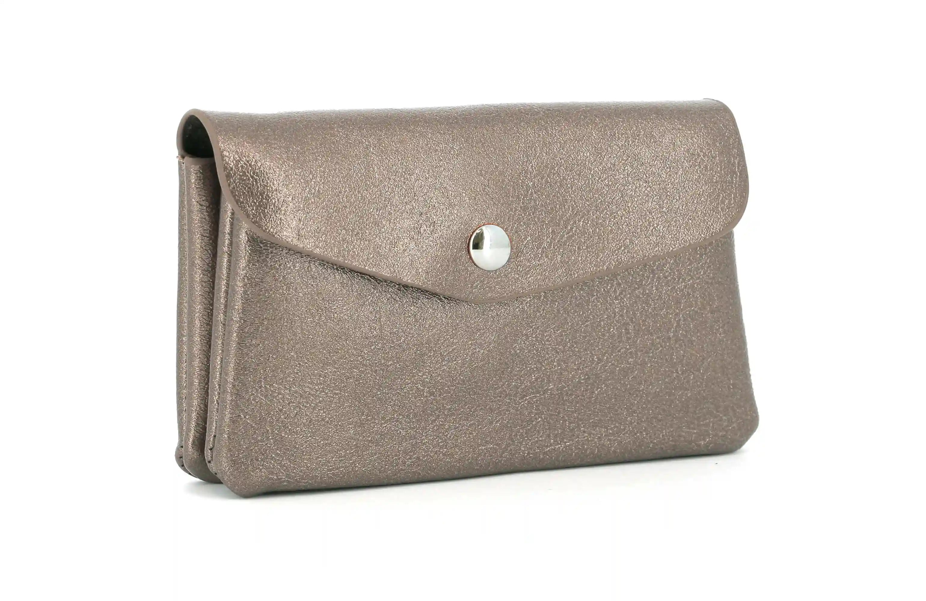 Iridescent women's purse with brown metal envelope