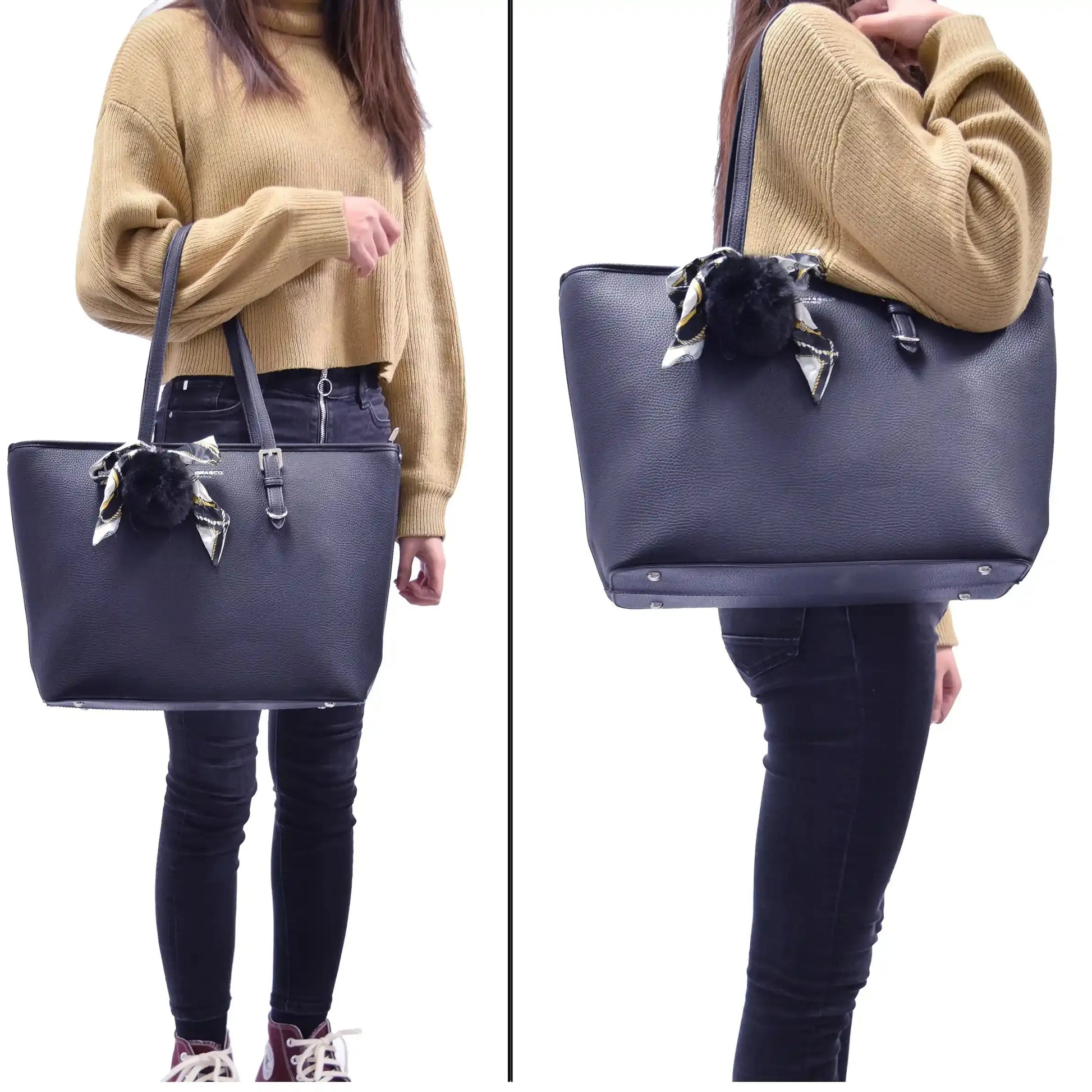 Flora & co Sac cabas femme pompon foulard léger bleu marine