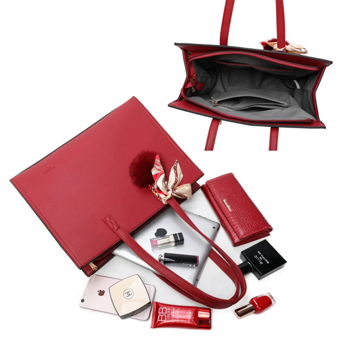 Gallantry Sac cabas femme pompon fourrure a4 rouge