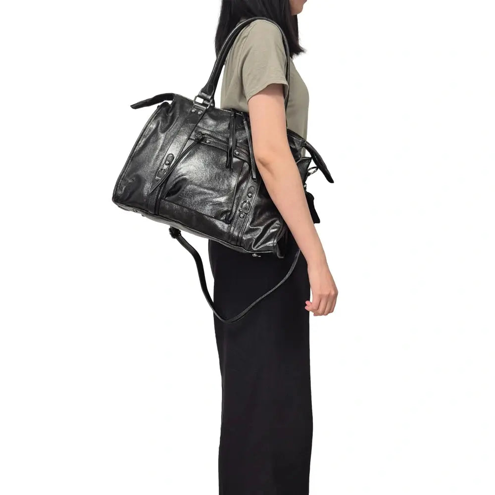Large black iridescent bowling handbag