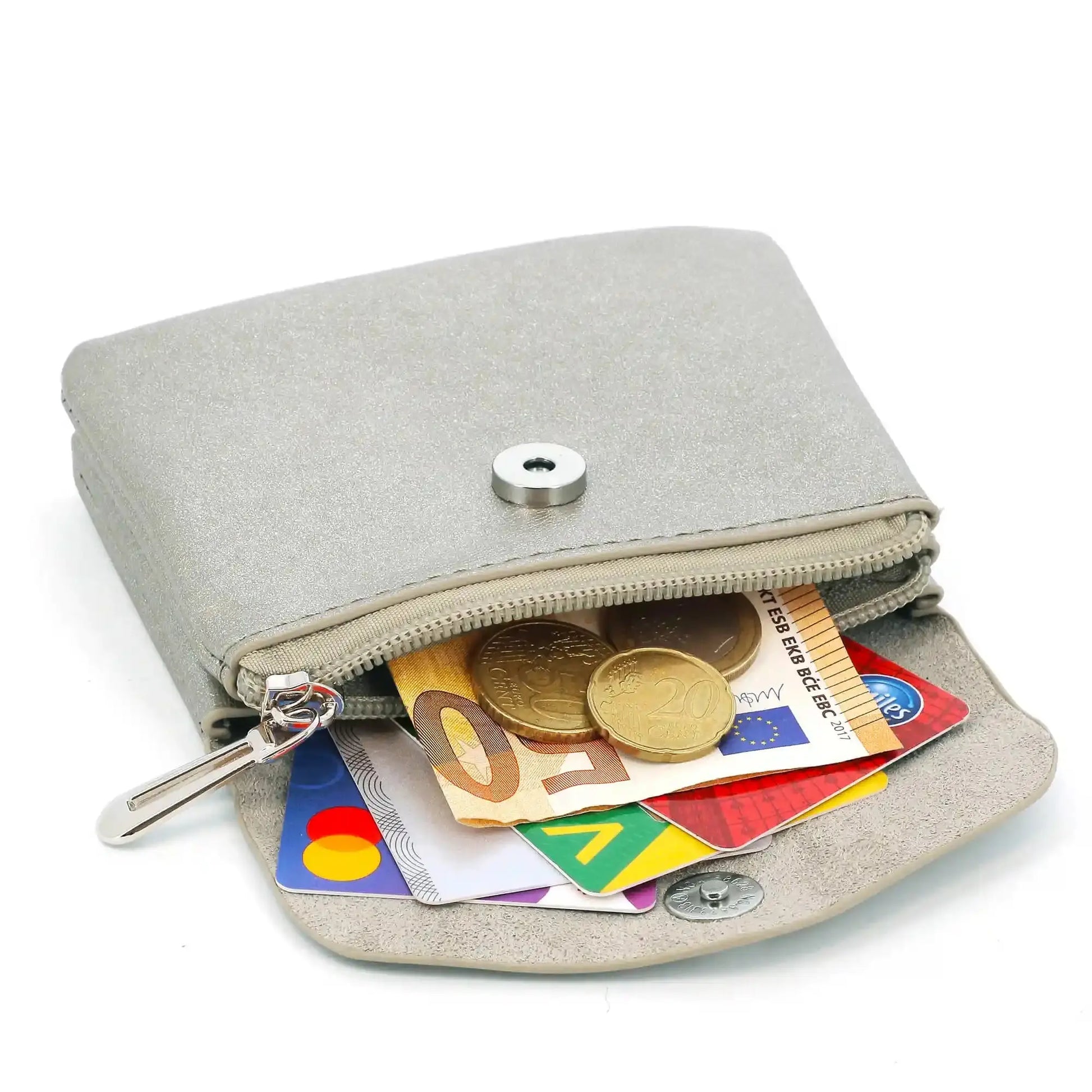 Flora & co Porte-monnaie cartes irisé bouton rabat taupe