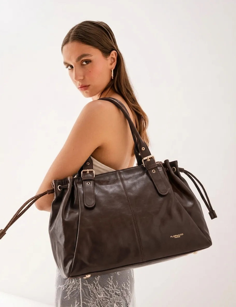 Sac cabas bowling lacet similicuir lisse Chocolat