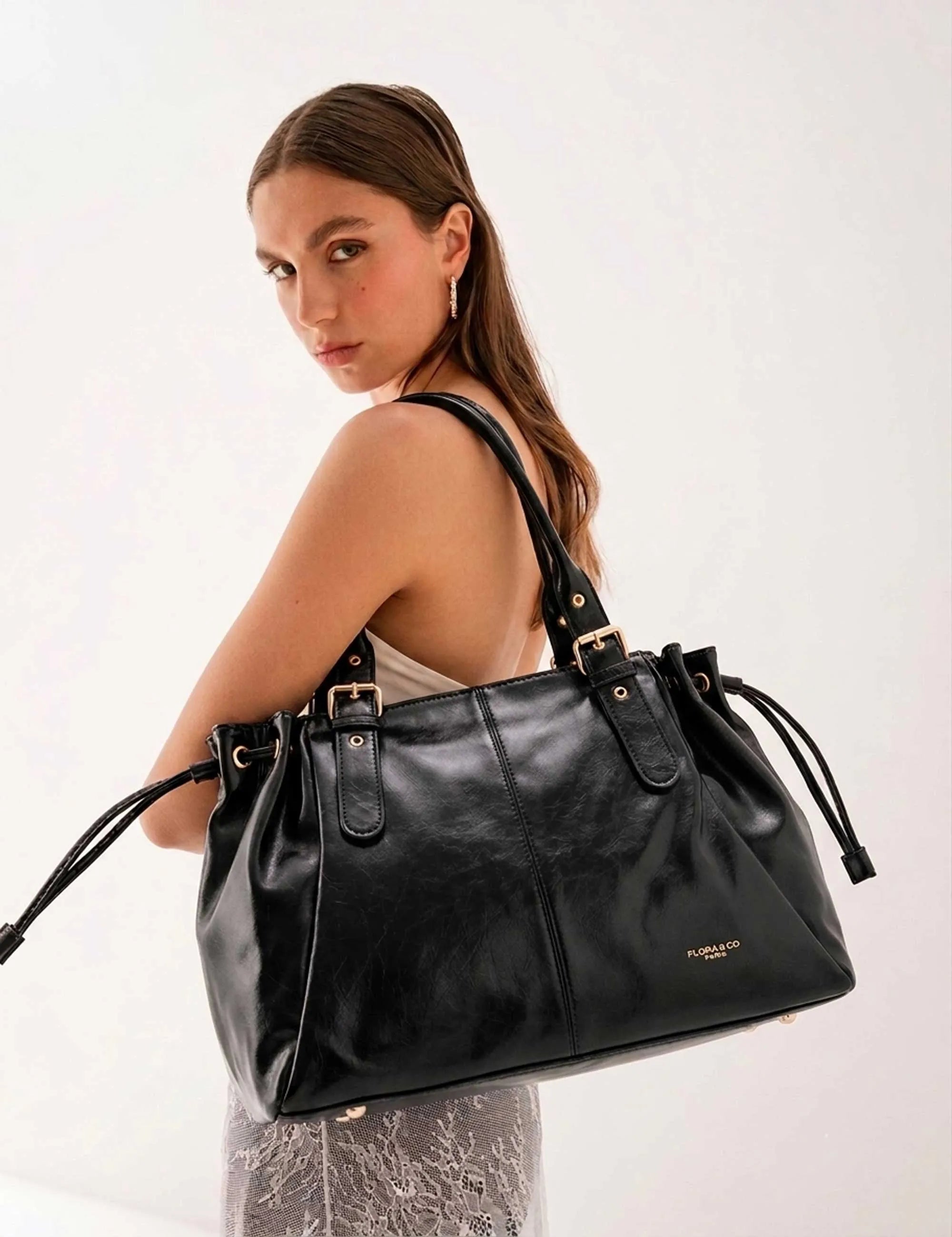 Sac cabas bowling lacet similicuir lisse Noir