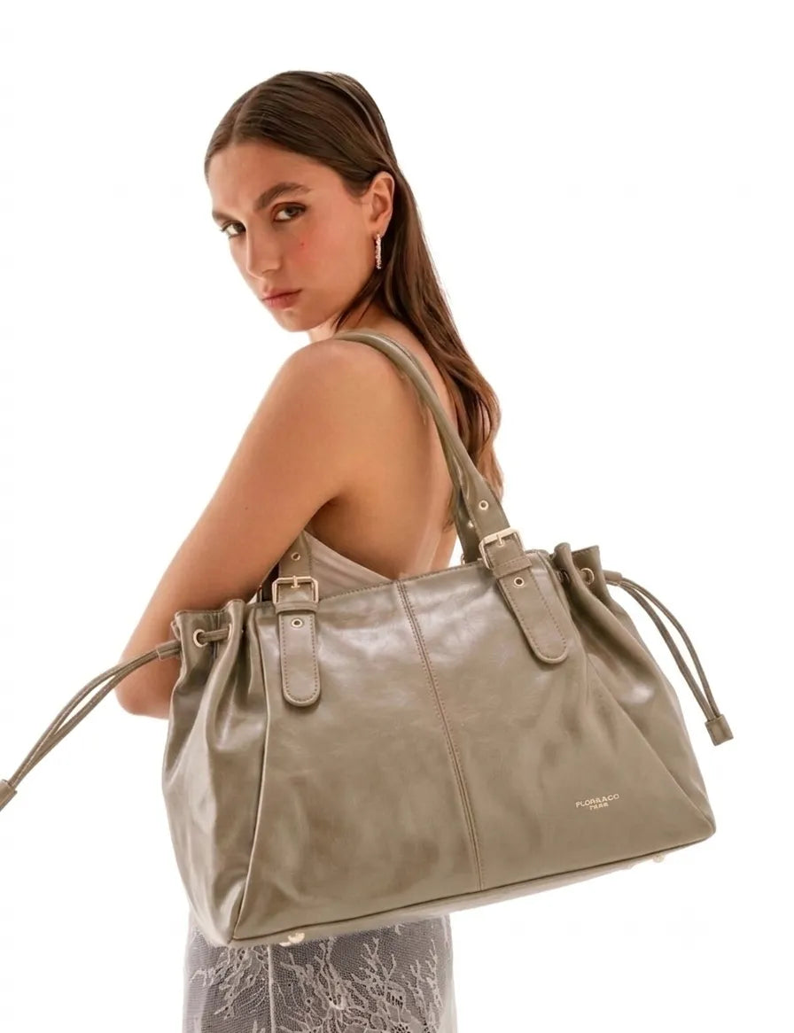 Sac cabas bowling lacet similicuir lisse Taupe - Crocochic