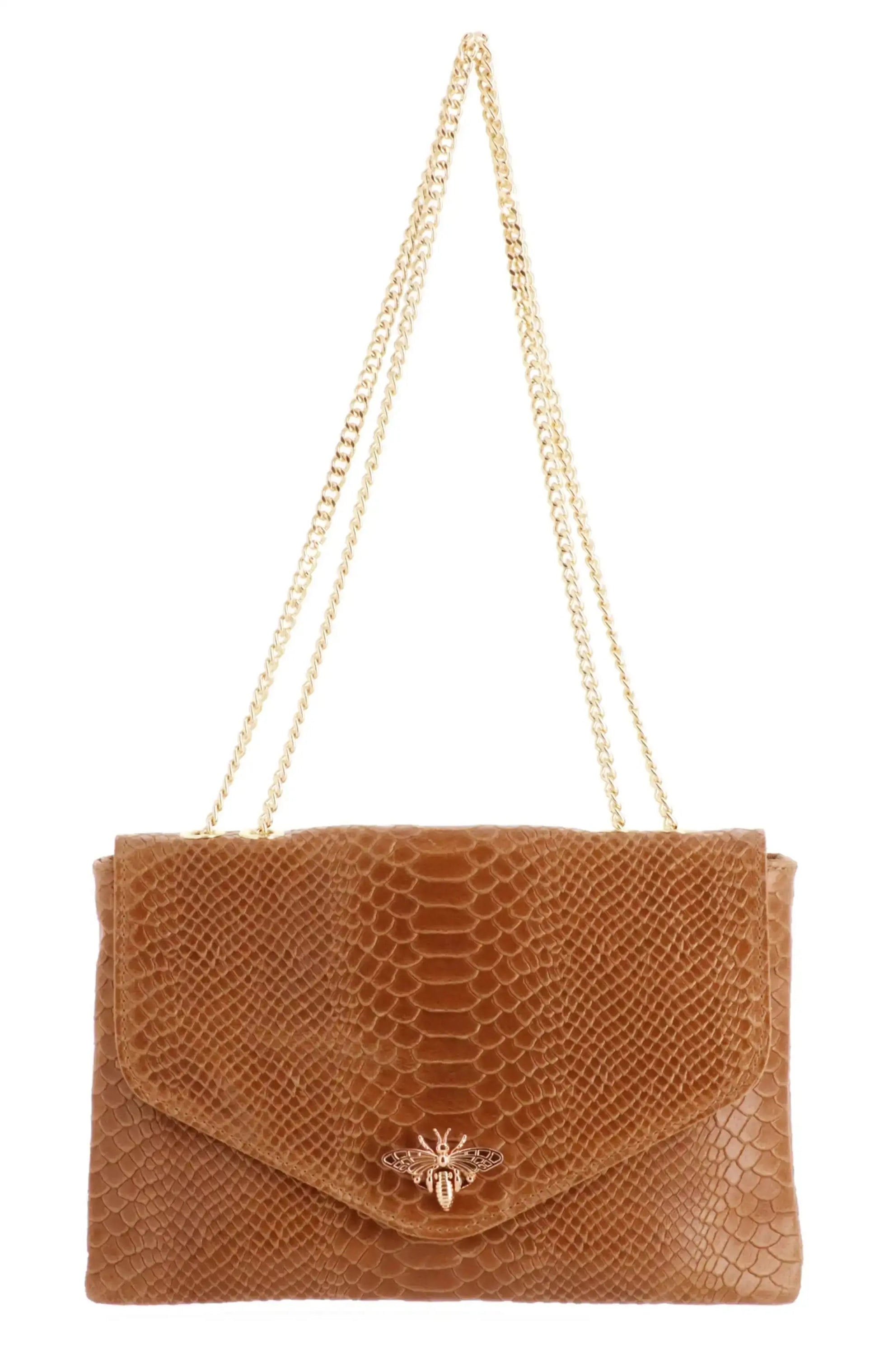 Made in Italy Sac bandoulière chaîne cuir femme croco camel