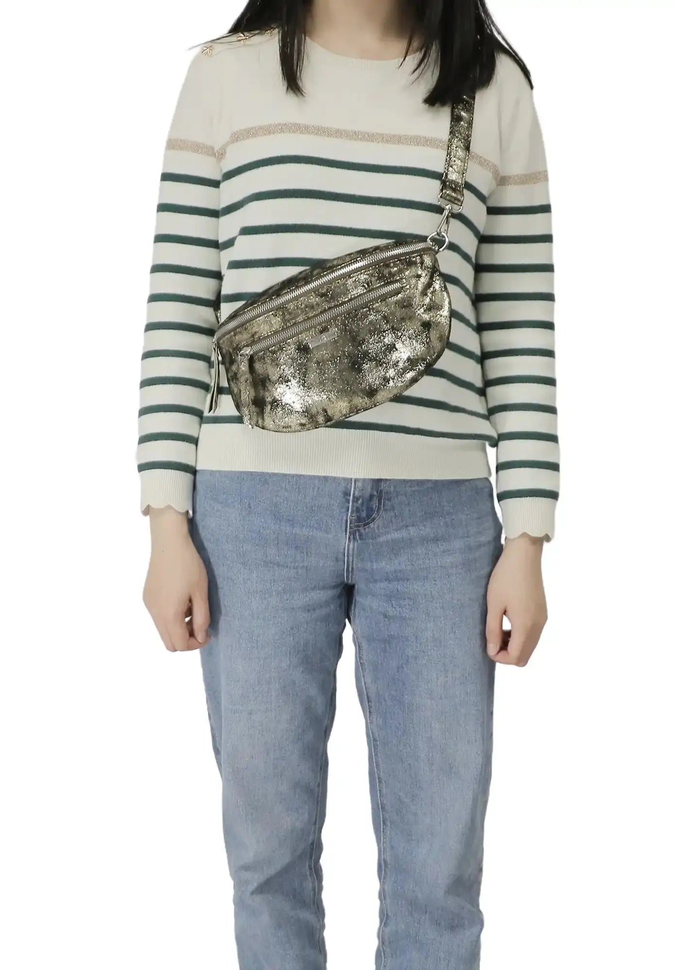 Flora & co Sac banane bandoulière suédine marron métal