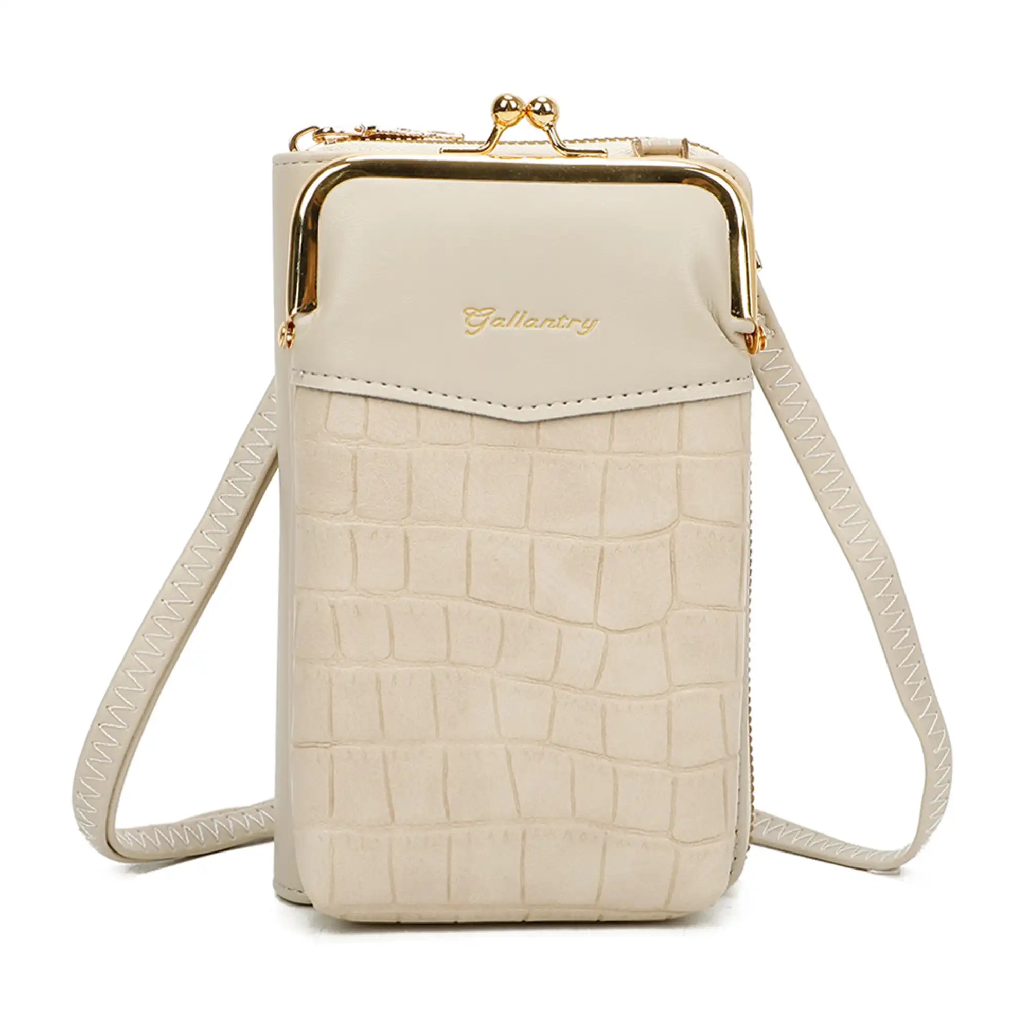 Pochette téléphone femme croco tout-en-un beige