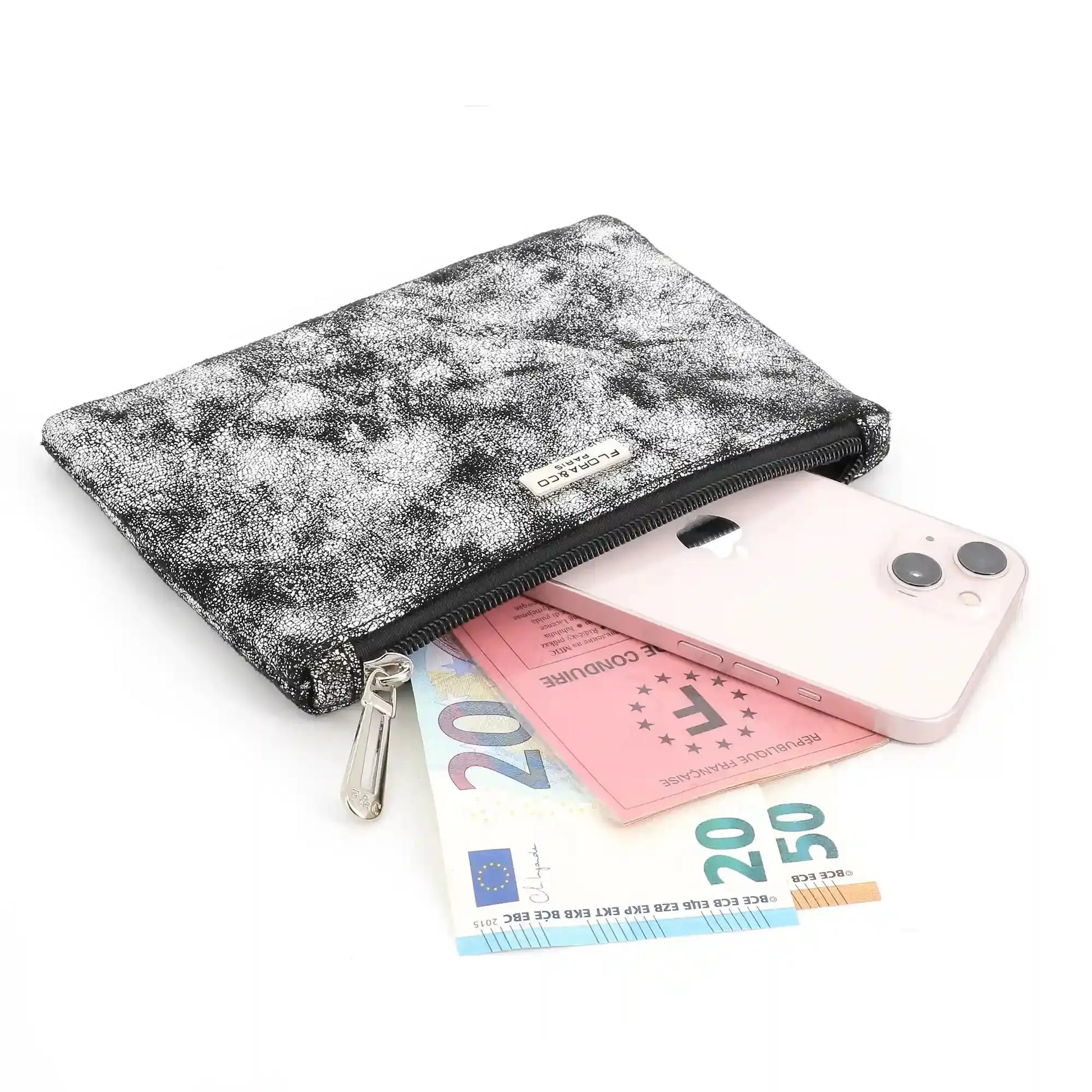 Flora & co Pochette femme suédine irisé gris argent