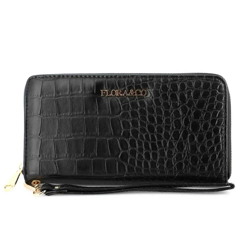 Portefeuille crocodile femme PU cuir brillant noir Flora & co