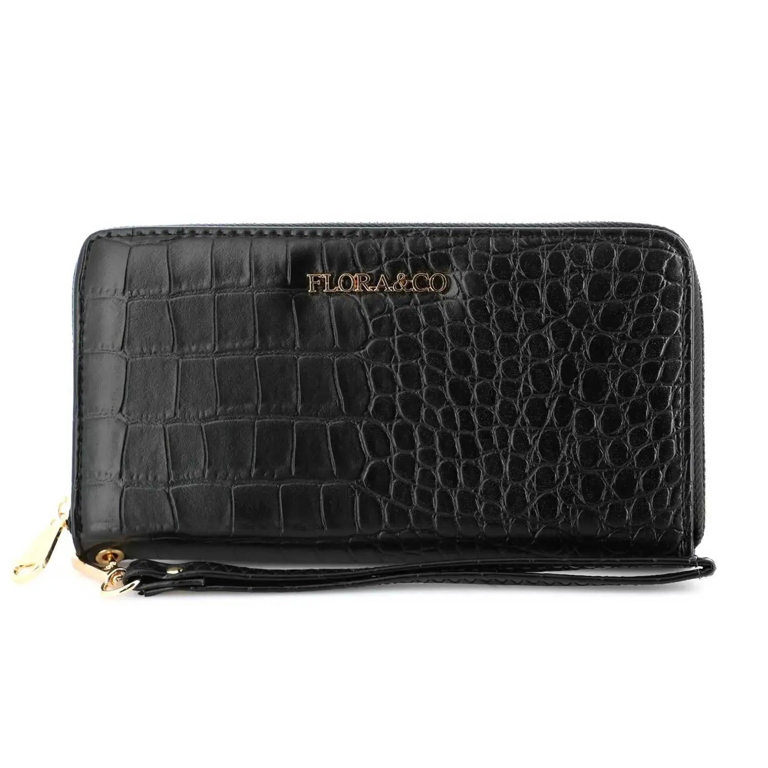 Portefeuille crocodile femme PU cuir brillant noir Flora & co