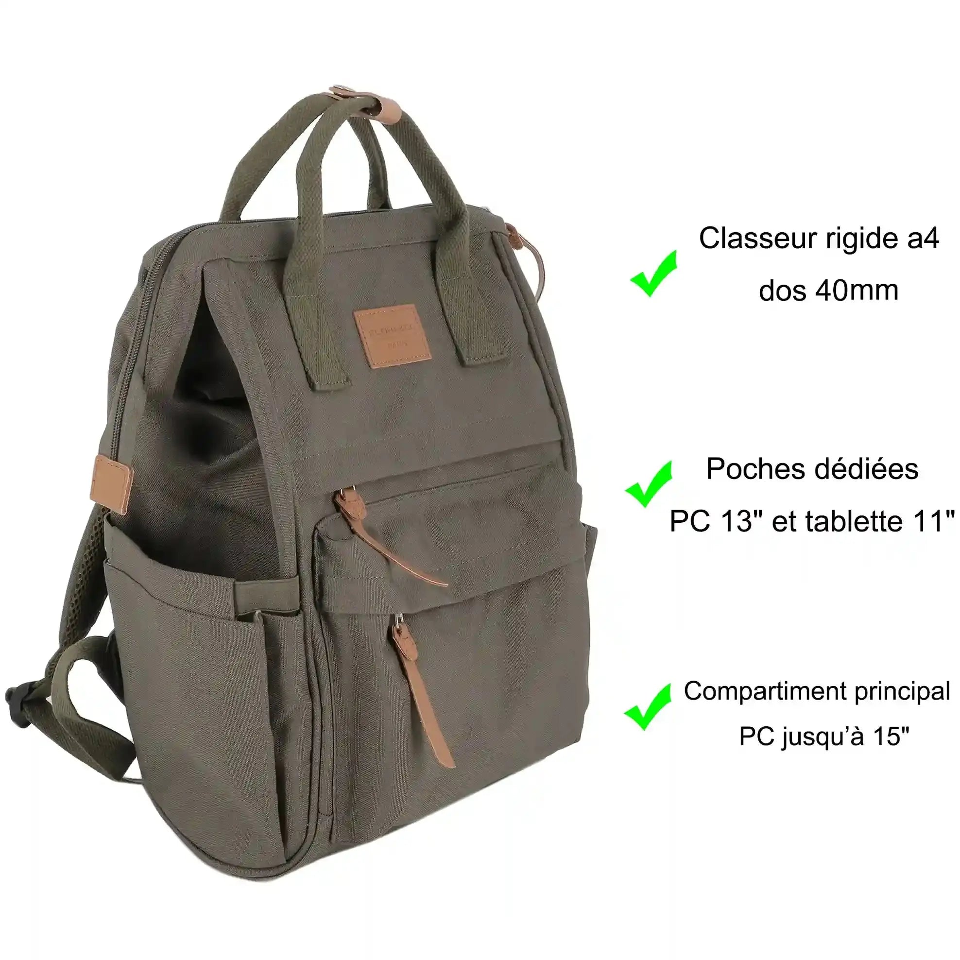 Sac à dos polyvalent PC 15.6 pouces Kaki Flora & co