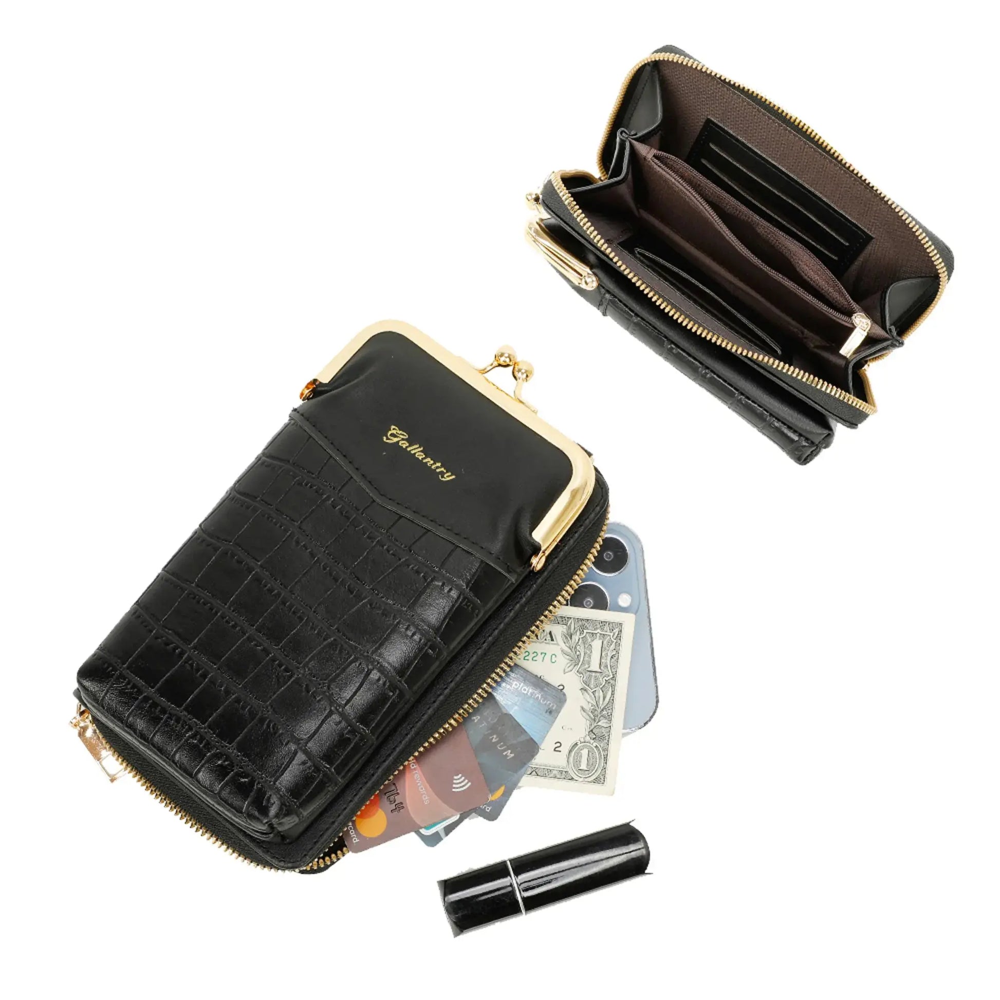 Pochette téléphone femme croco tout-en-un noir Gallantry