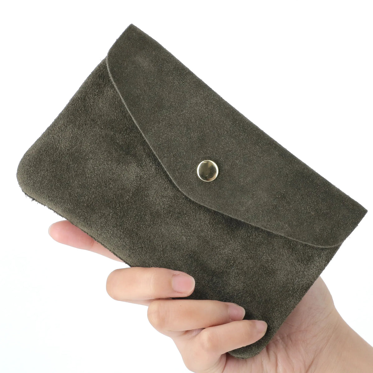 Vue principale du Grand portefeuille cuir suède compatible passeport Kaki en Cuir couleur KAKI.