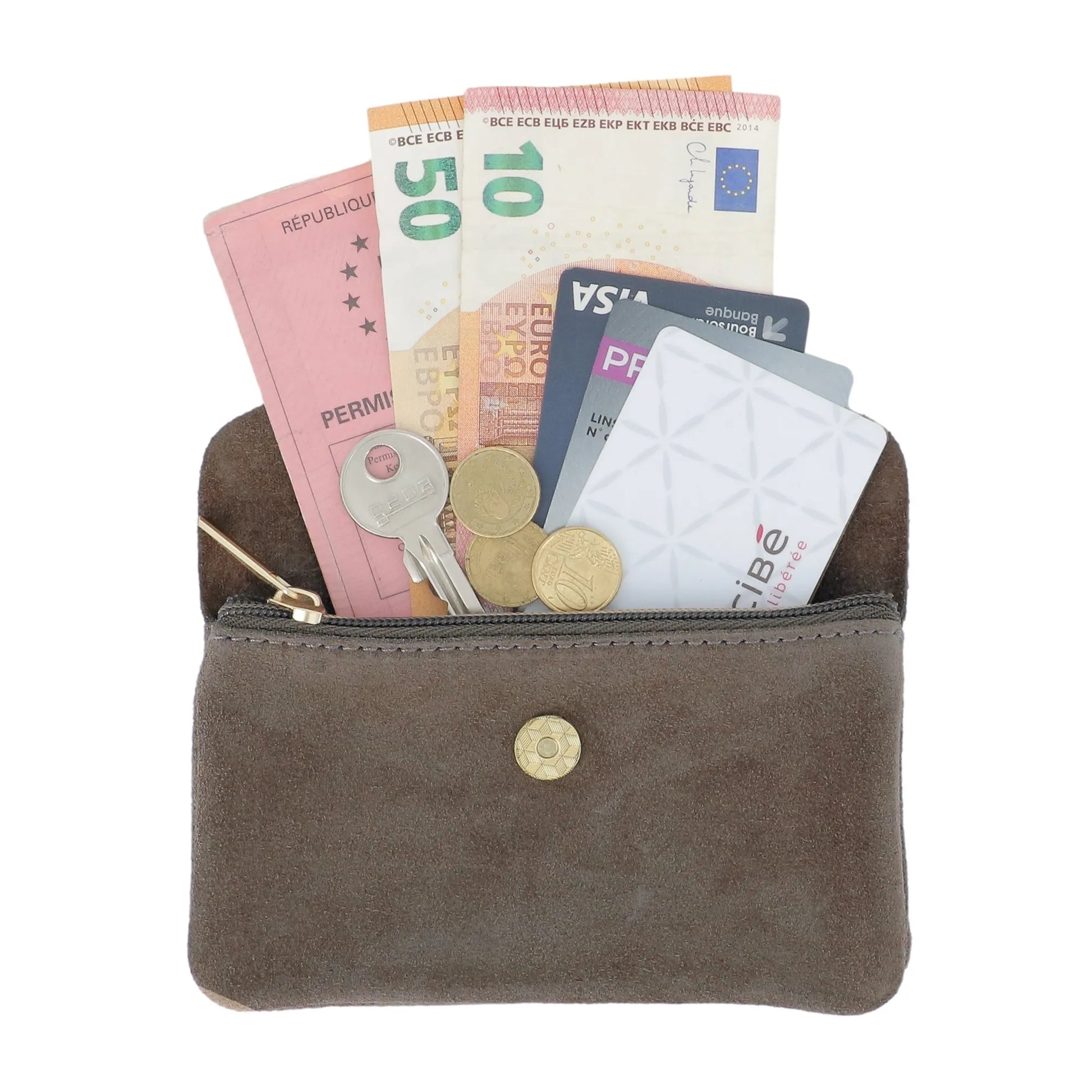Vue 4 du Grand portefeuille cuir suède compatible passeport Taupe en Cuir couleur TAUPE - Detail.