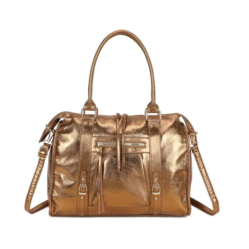 Vue principale du Grand sac à main bowling irisé bronze (détails dorés) en Synthétique couleur -BRONZE.