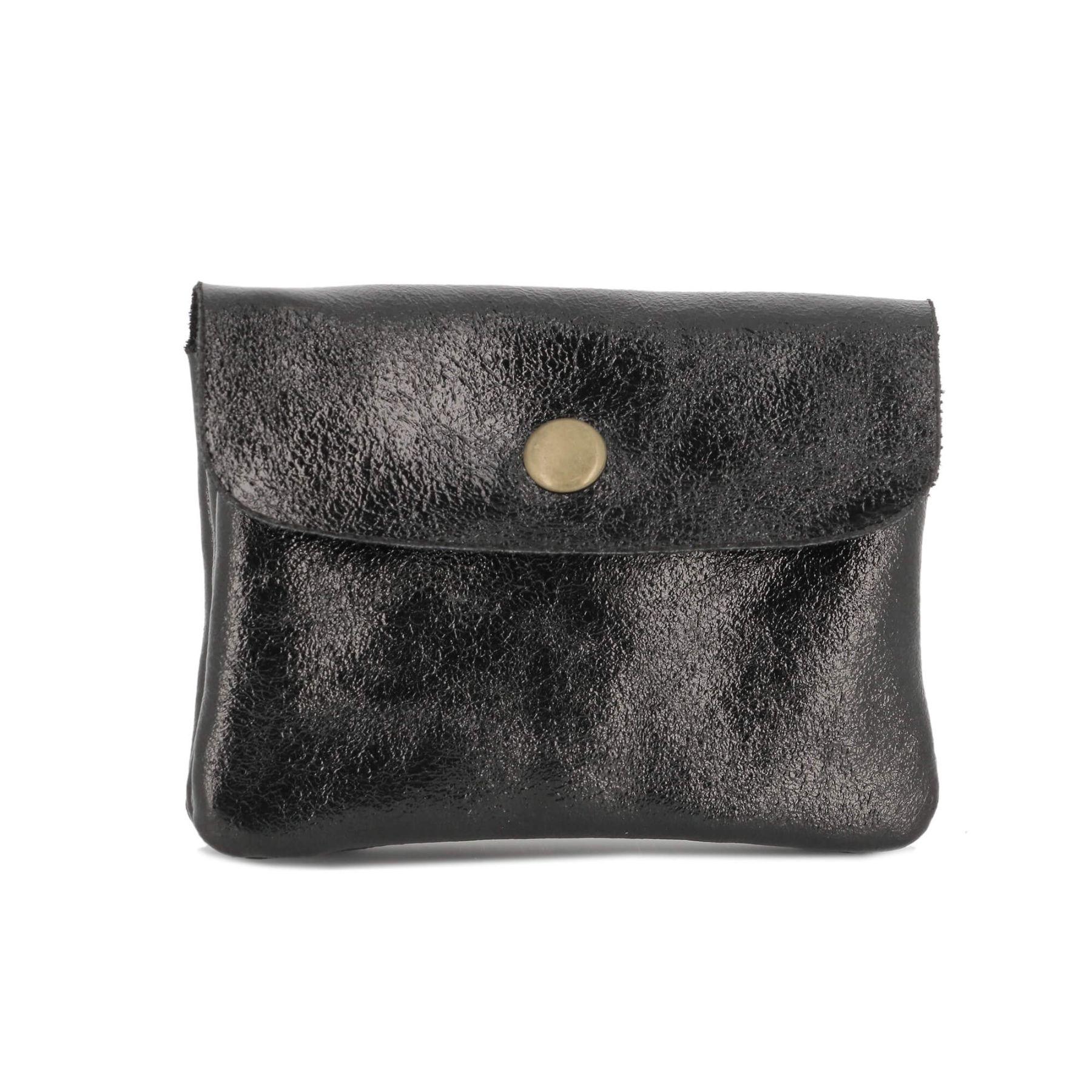 Made in Italy Petit Porte-Monnaie Cartes Cuir Irisé Femme Format Court Noir