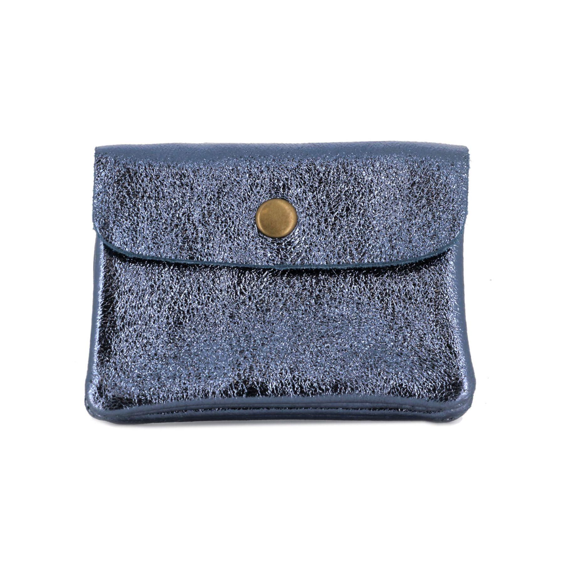 Made in Italy Petit Porte-Monnaie Cartes Cuir Irisé Femme Format Court Bleu