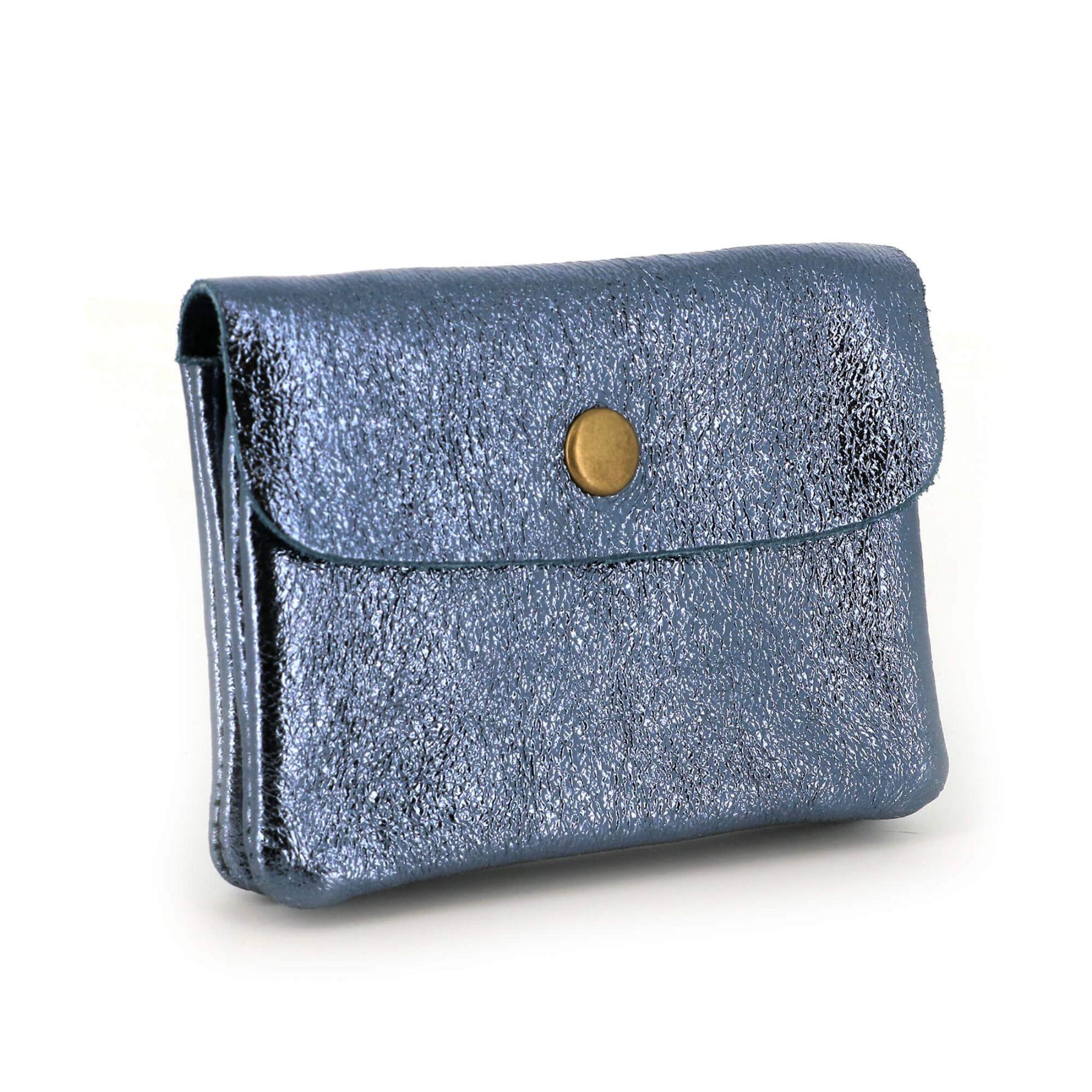 Made in Italy Petit Porte-Monnaie Cartes Cuir Irisé Femme Format Court Bleu