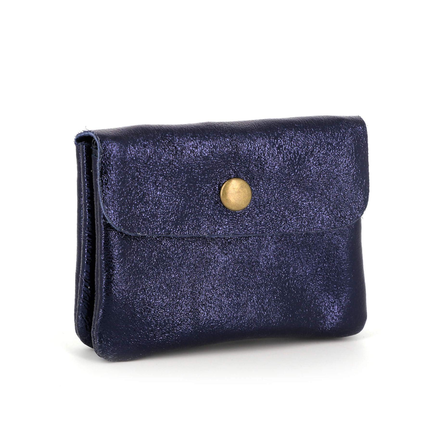 Made in Italy Petit Porte-Monnaie Cartes Cuir Irisé Femme Format Court Bleu Marine