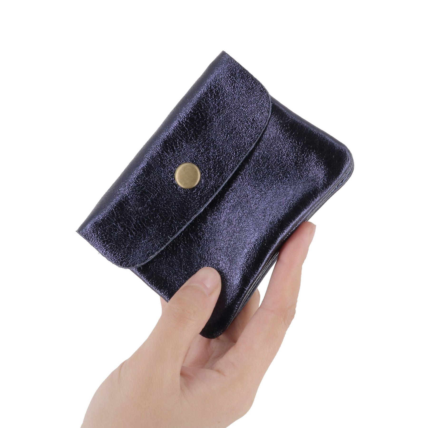 Made in Italy Petit Porte-Monnaie Cartes Cuir Irisé Femme Format Court Bleu Marine