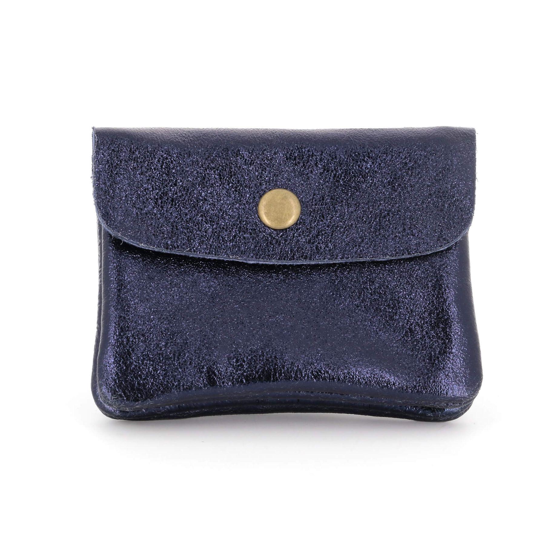 Made in Italy Petit Porte-Monnaie Cartes Cuir Irisé Femme Format Court Bleu Marine