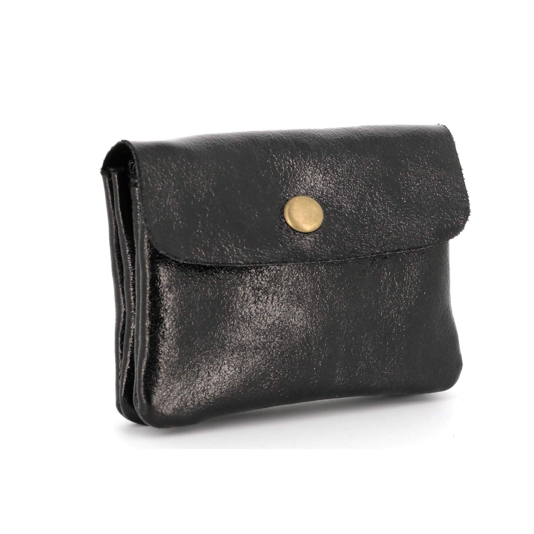 Made in Italy Petit Porte-Monnaie Cartes Cuir Irisé Femme Format Court Noir