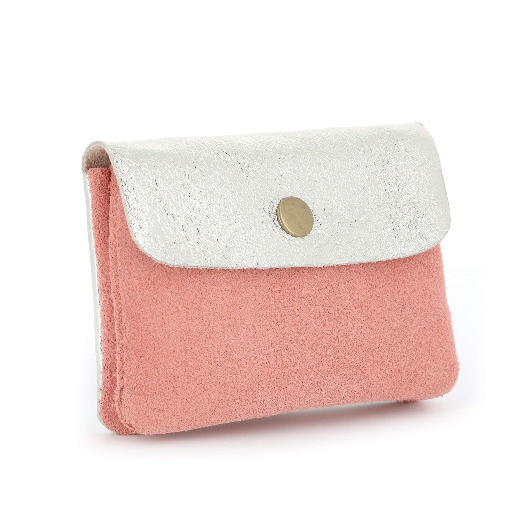 Made in Italy Petit Porte-Monnaie Cartes Cuir Véritable Suède Irisé A 2 Tons Femme Taupe